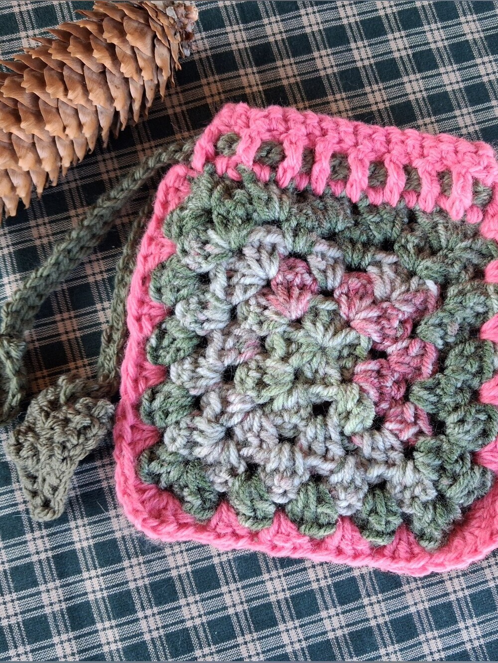 Granny Square Crochet Drawstring Bag | Green Pink Floral Pouch with Leaf Ties